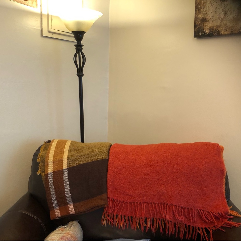 2 shawls —- the plaid is 45” x 49”.  The orange shawl is 53” x 43 “